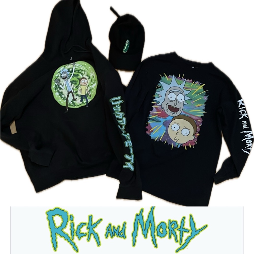 🥒 Rick & Morty BUNDLE Hooded Sweatshirt / Pickle Rick Cap / Long Sleeve T-Shirt